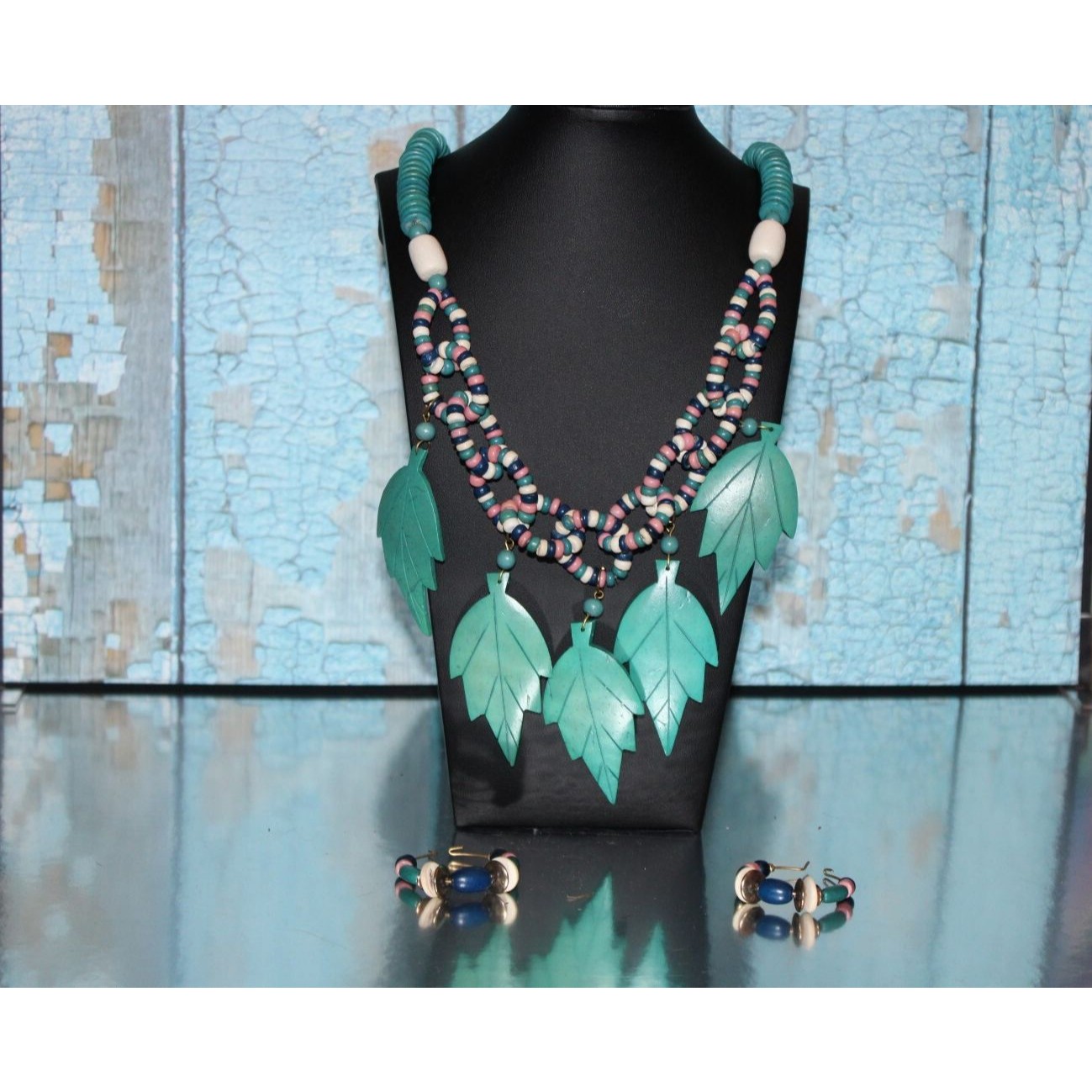 Beautiful Seafoam Green Beaded And Embellished Necklace With Beaded Earrings